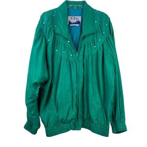 Vintage 80s Pan Asia 100% Silk Bomber Jacket Green Embellished Pearl Detail M